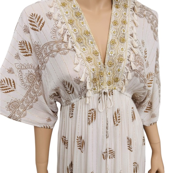 Zuri Embroidered Boho Maxi Dress Gold Embroidered Tassel V-Neck Free Size - Picture 2 of 9